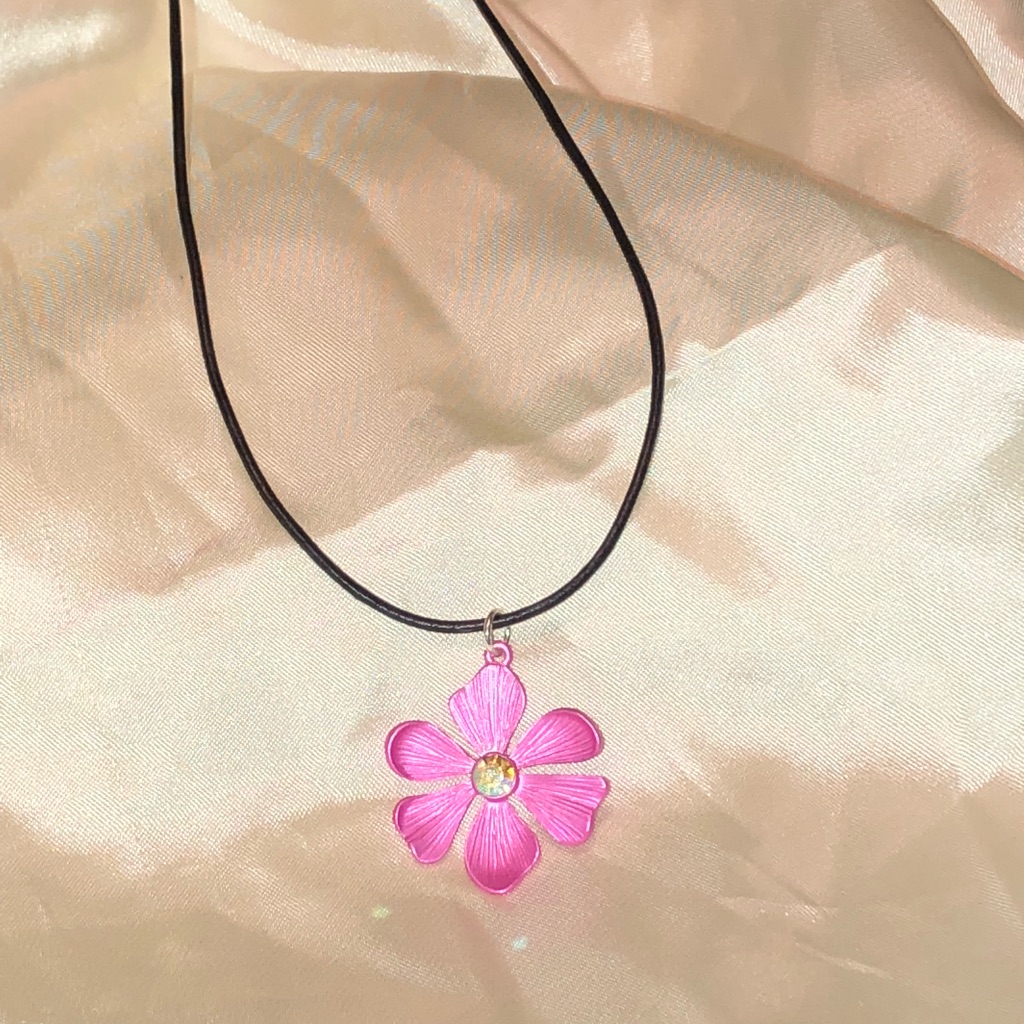 Hot Pink Crystal Flower Pendant Leather Necklace
